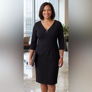 Anne Klein Black Dress V‎ Neck 3/4 Sleeve Career Office Midi Women's Size 14